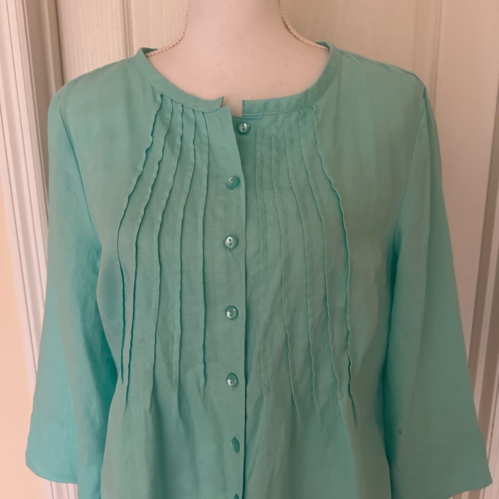 Vtg Choices Women’s Linen Teal Blue 3/4 Sleeve Button Front Blouse Top, Sz M - Picture 2 of 10